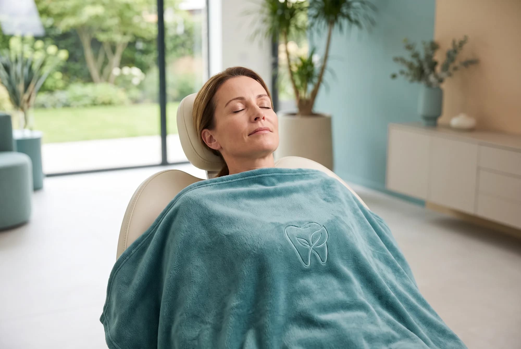 A patient resting under a single-logo practice-branded plush blanket in a calm, sunlit dental operatory