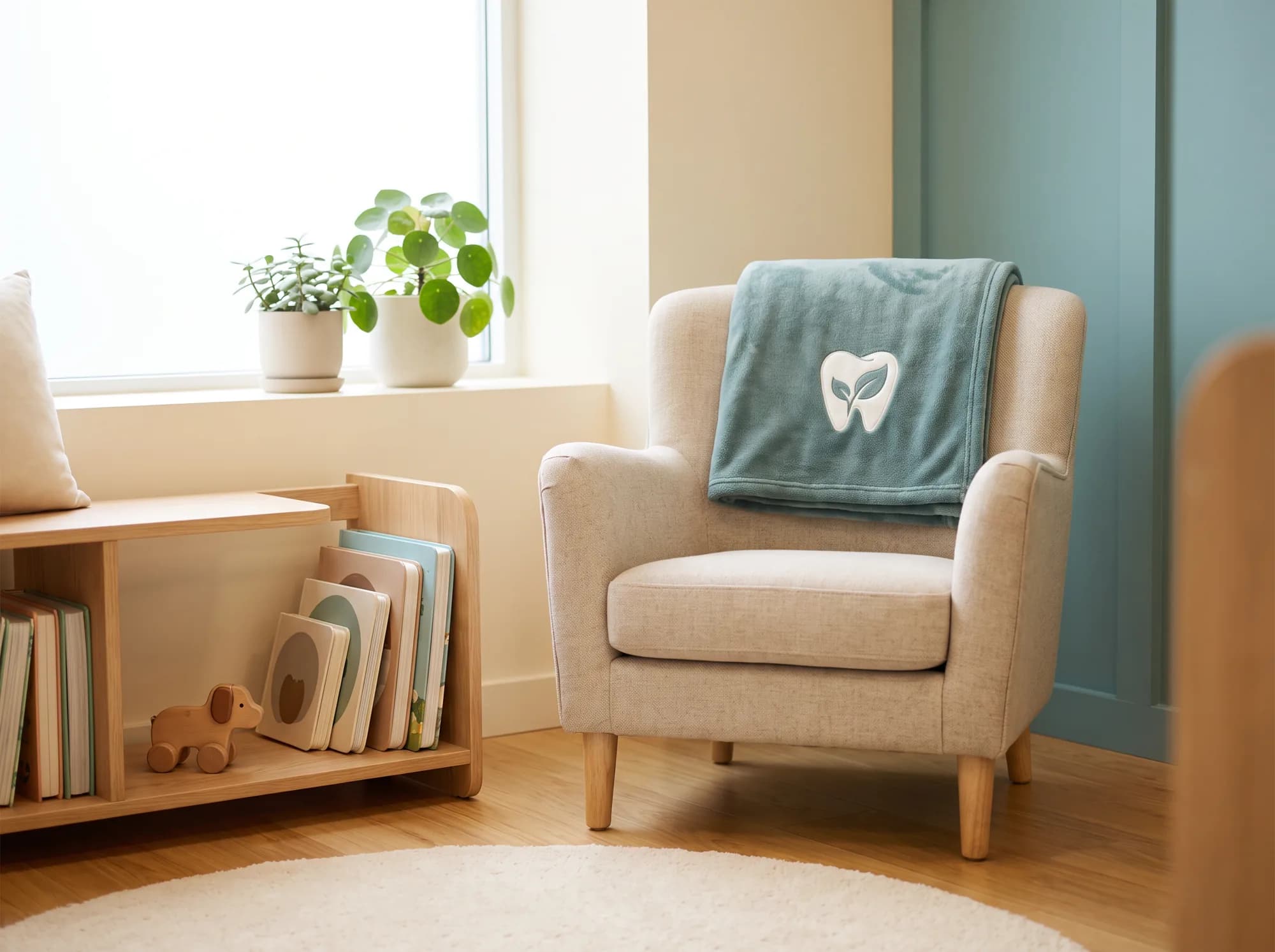 A folded practice blanket over a small chair in a child-height reading nook