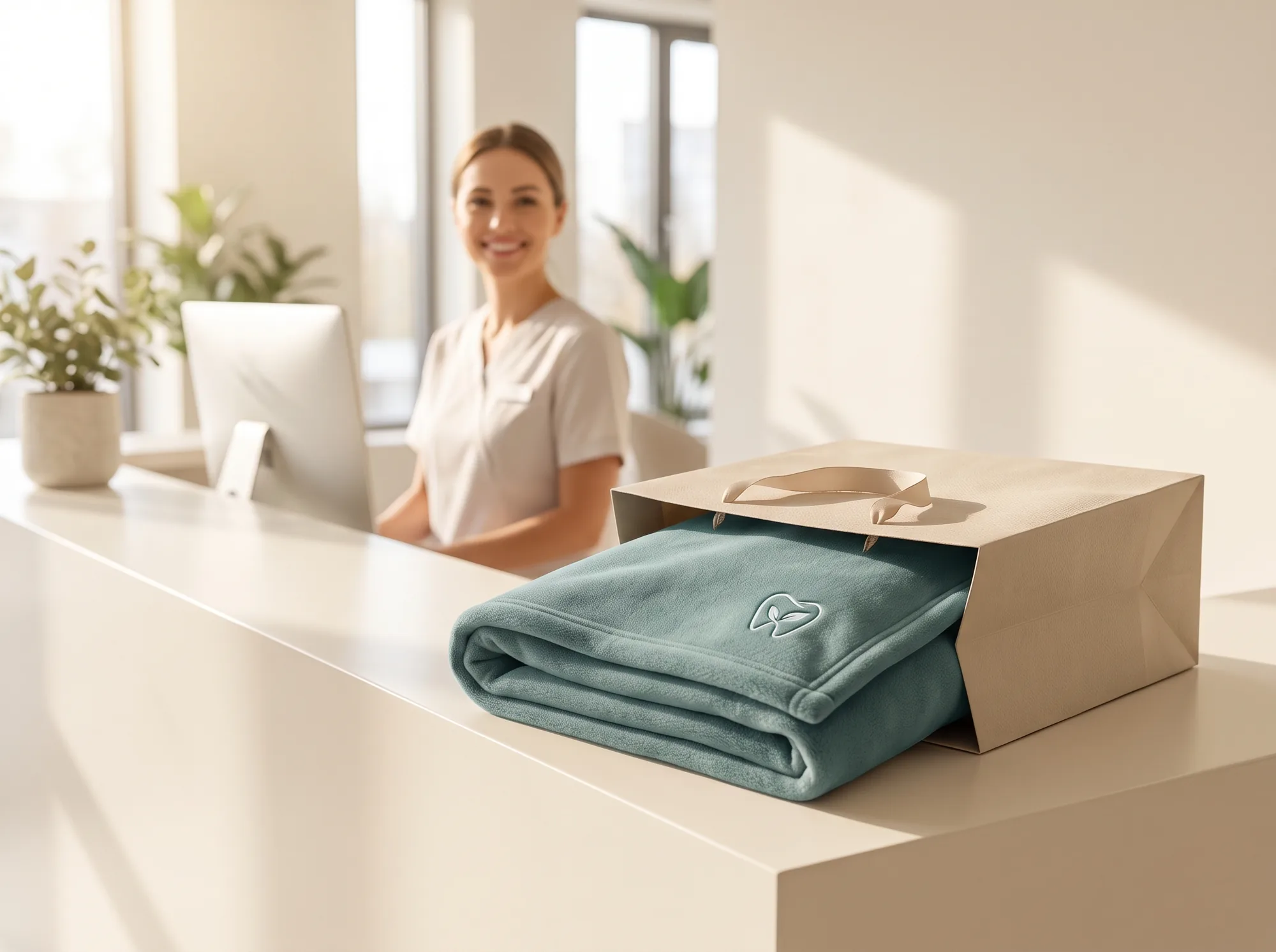 A folded practice-branded blanket tucked into a welcome bag on a reception desk